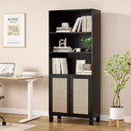 MAYEERTY Tall 5-Tier Bookcase with Rattan Doors, Wood Storage Shelves for Library Living Room Bedroom Home Office