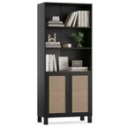 Bibliothèque haute à 5 niveaux avec portes en rotin, étagères de rangement en bois pour salon, chambre à coucher, bureau