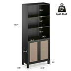 Bibliothèque haute à 5 niveaux avec portes en rotin, étagères de rangement en bois pour salon, chambre à coucher, bureau