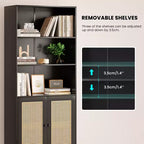 Bibliothèque haute à 5 niveaux avec portes en rotin, étagères de rangement en bois pour salon, chambre à coucher, bureau