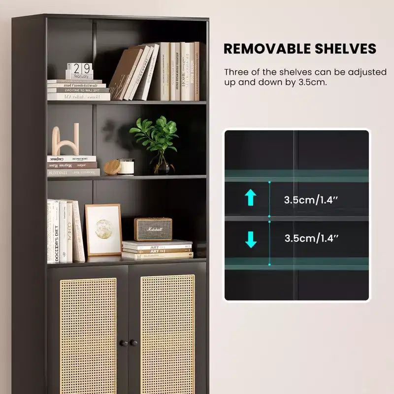 Tall 5-Tier Bookcase with Rattan Doors, Wood Storage Shelves for Library Living Room Bedroom Home Office