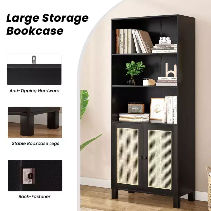 Tall 5-Tier Bookcase with Rattan Doors, Wood Storage Shelves for Library Living Room Bedroom Home Office
