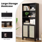 Bibliothèque haute à 5 niveaux avec portes en rotin, étagères de rangement en bois pour salon, chambre à coucher, bureau