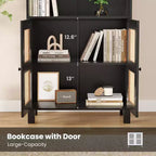 Bibliothèque haute à 5 niveaux avec portes en rotin, étagères de rangement en bois pour salon, chambre à coucher, bureau