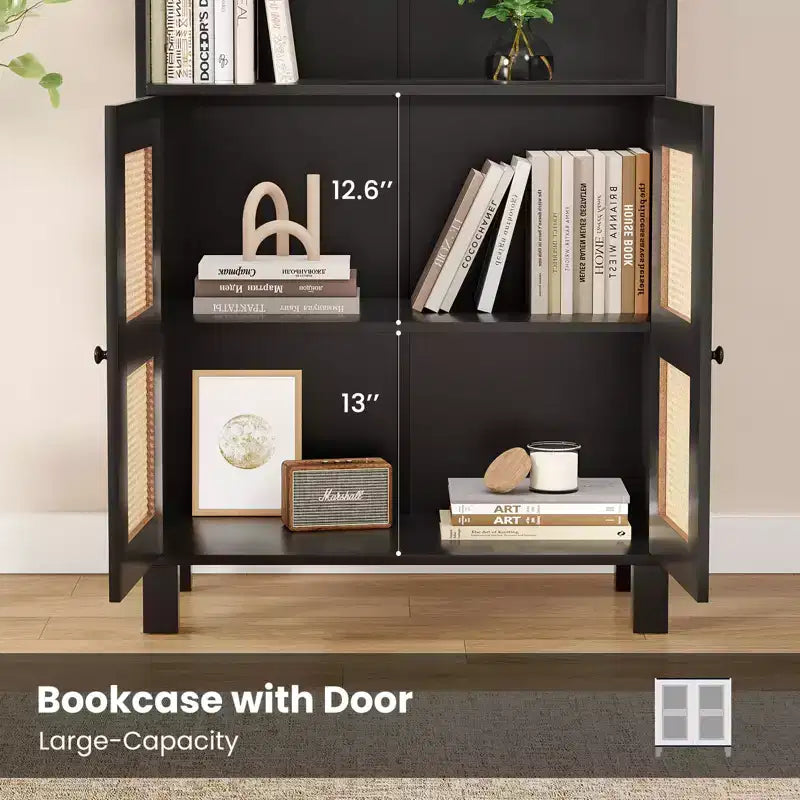 Tall 5-Tier Bookcase with Rattan Doors, Wood Storage Shelves for Library Living Room Bedroom Home Office