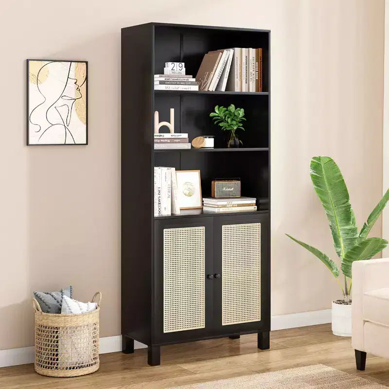 Tall 5-Tier Bookcase with Rattan Doors, Wood Storage Shelves for Library Living Room Bedroom Home Office