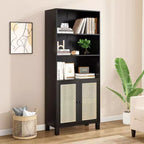 Bibliothèque haute à 5 niveaux avec portes en rotin, étagères de rangement en bois pour salon, chambre à coucher, bureau