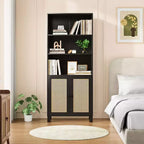 Bibliothèque haute à 5 niveaux avec portes en rotin, étagères de rangement en bois pour salon, chambre à coucher, bureau