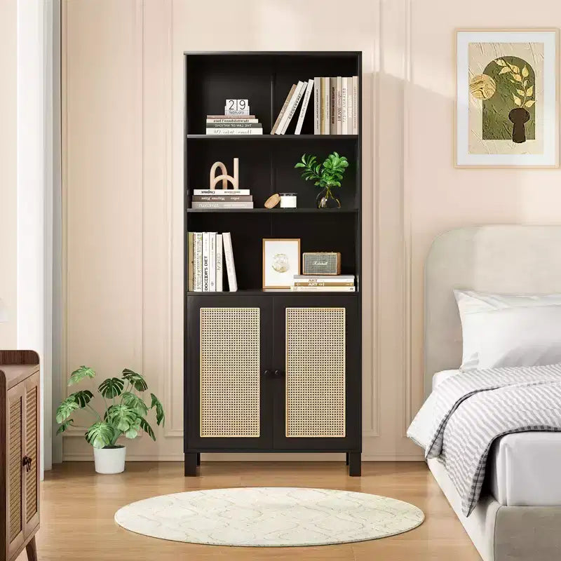 Tall 5-Tier Bookcase with Rattan Doors, Wood Storage Shelves for Library Living Room Bedroom Home Office