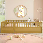 JVNOXK Children's Drop-Side Crib Frame, Full-Size One-Piece Construction with Extra-High Safety Rails and Door, Natural Wood Slatted Base
