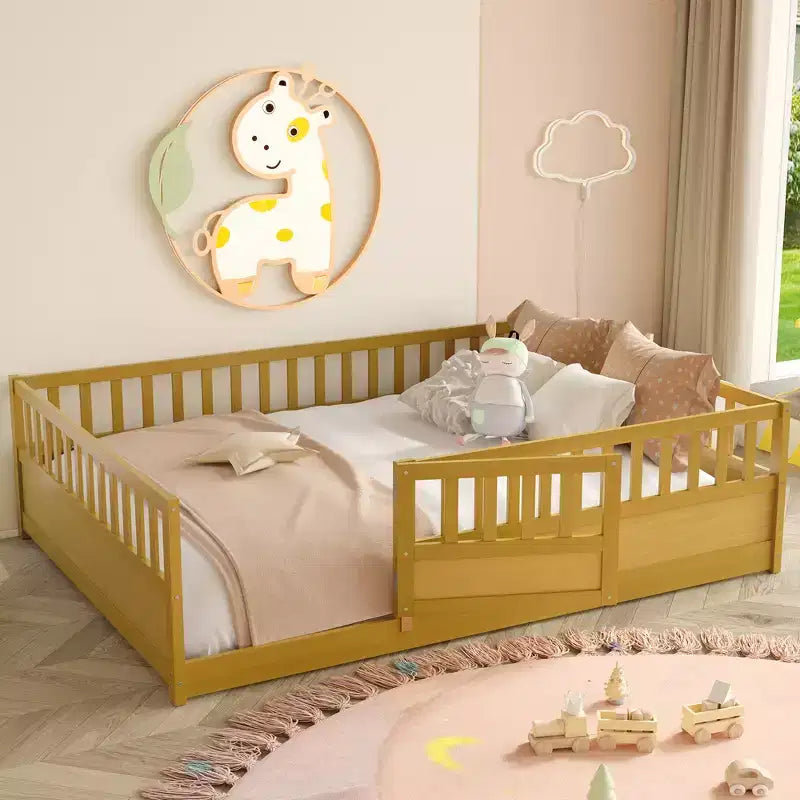 Children's Drop-Side Crib Frame, Full-Size One-Piece Construction with Extra-High Safety Rails and Door, Natural Wood Slatted Base