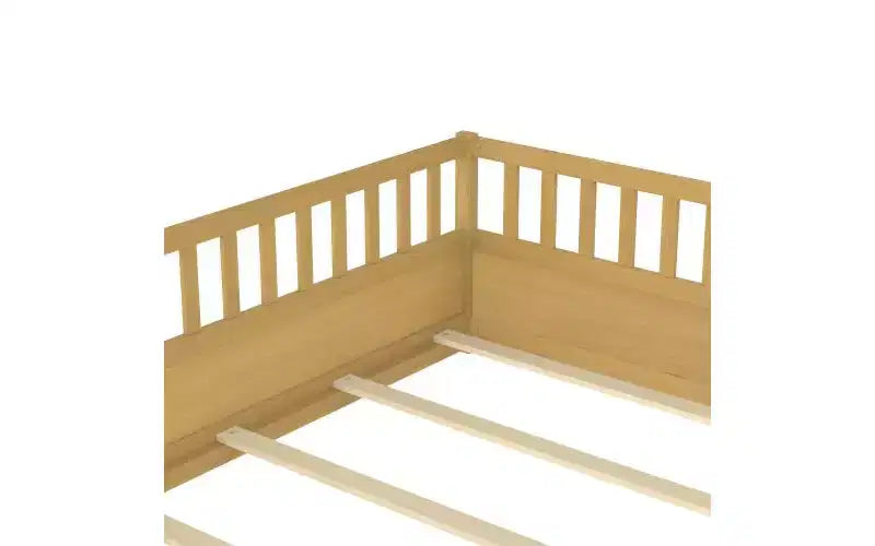 Children's Drop-Side Crib Frame, Full-Size One-Piece Construction with Extra-High Safety Rails and Door, Natural Wood Slatted Base