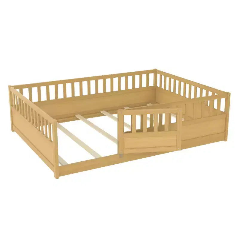 Children's Drop-Side Crib Frame, Full-Size One-Piece Construction with Extra-High Safety Rails and Door, Natural Wood Slatted Base