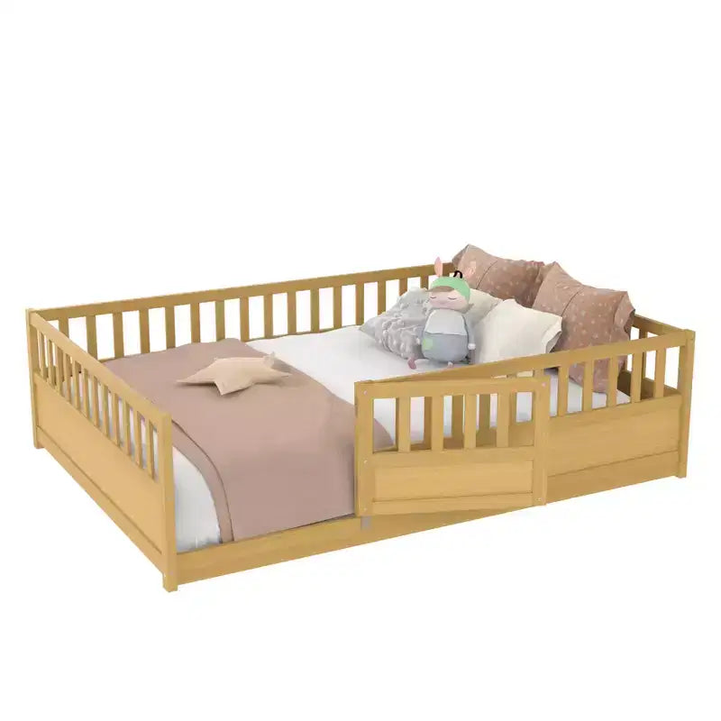 Children's Drop-Side Crib Frame, Full-Size One-Piece Construction with Extra-High Safety Rails and Door, Natural Wood Slatted Base