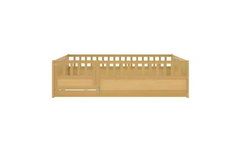Children's Drop-Side Crib Frame, Full-Size One-Piece Construction with Extra-High Safety Rails and Door, Natural Wood Slatted Base