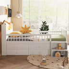 JVNOXK Low Loft Bed with LED Lights, Wooden Bunk Bed with House-Shaped Headboard, Children's Loft Bed with Storage Drawers, White