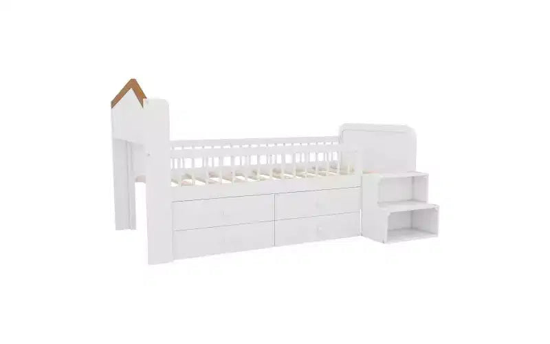 Low Loft Bed with LED Lights, Wooden Bunk Bed with House-Shaped Headboard, Children's Loft Bed with Storage Drawers, White