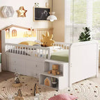 Lit mezzanine bas avec lumières LED, lit superposé en bois avec tête de lit en forme de maison, lit mezzanine pour enfants avec tiroirs de rangement, blanc