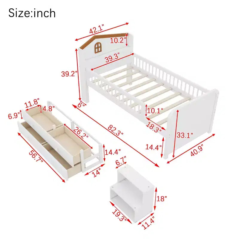 Low Loft Bed with LED Lights, Wooden Bunk Bed with House-Shaped Headboard, Children's Loft Bed with Storage Drawers, White