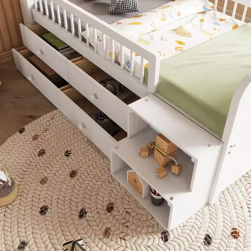 Low Loft Bed with LED Lights, Wooden Bunk Bed with House-Shaped Headboard, Children's Loft Bed with Storage Drawers, White