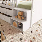 Lit mezzanine bas avec lumières LED, lit superposé en bois avec tête de lit en forme de maison, lit mezzanine pour enfants avec tiroirs de rangement, blanc