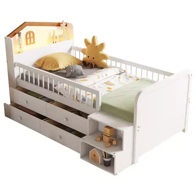Low Loft Bed with LED Lights, Wooden Bunk Bed with House-Shaped Headboard, Children's Loft Bed with Storage Drawers, White