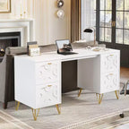 Lantine 59-Inch White Desk with Drawers, Modern Office Desk Writing Table with Gold Legs and Storage for Bedroom, Workspace, Living Room