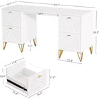 Bureau blanc de 150 cm avec tiroirs, bureau d'ordinateur moderne avec pieds dorés et rangements pour chambre à coucher, espace de travail, salon
