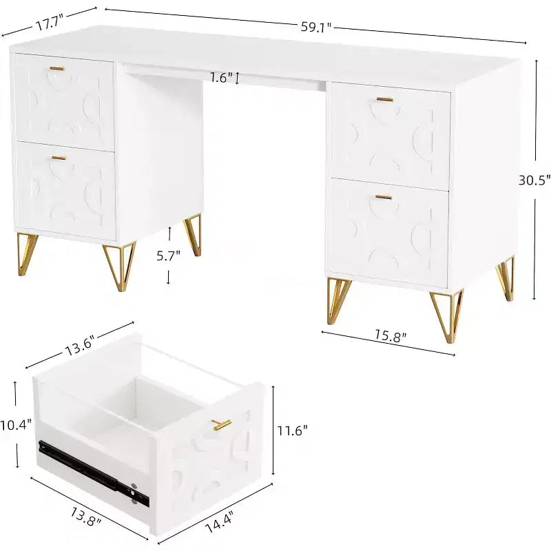 59-Inch White Desk with Drawers, Modern Office Desk Writing Table with Gold Legs and Storage for Bedroom, Workspace, Living Room
