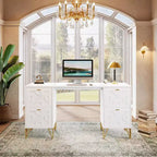 Bureau blanc de 150 cm avec tiroirs, bureau d'ordinateur moderne avec pieds dorés et rangements pour chambre à coucher, espace de travail, salon