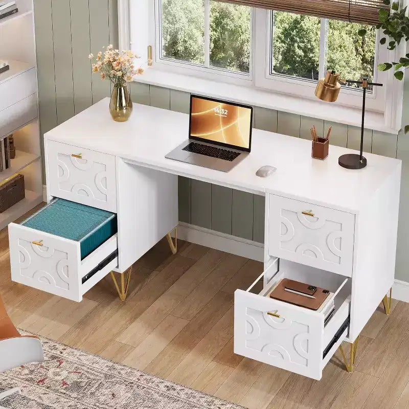 59-Inch White Desk with Drawers, Modern Office Desk Writing Table with Gold Legs and Storage for Bedroom, Workspace, Living Room