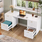 Bureau blanc de 150 cm avec tiroirs, bureau d'ordinateur moderne avec pieds dorés et rangements pour chambre à coucher, espace de travail, salon
