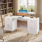 Bureau blanc de 150 cm avec tiroirs, bureau d'ordinateur moderne avec pieds dorés et rangements pour chambre à coucher, espace de travail, salon