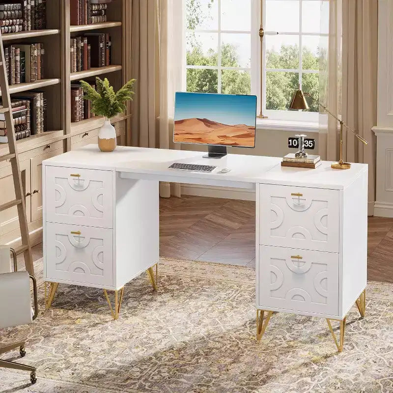 59-Inch White Desk with Drawers, Modern Office Desk Writing Table with Gold Legs and Storage for Bedroom, Workspace, Living Room