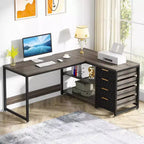 Lantine 59-Inch L-Shaped Computer Desk with Storage Drawers and Shelves, Reversible Corner Desk for Home Office, Grey