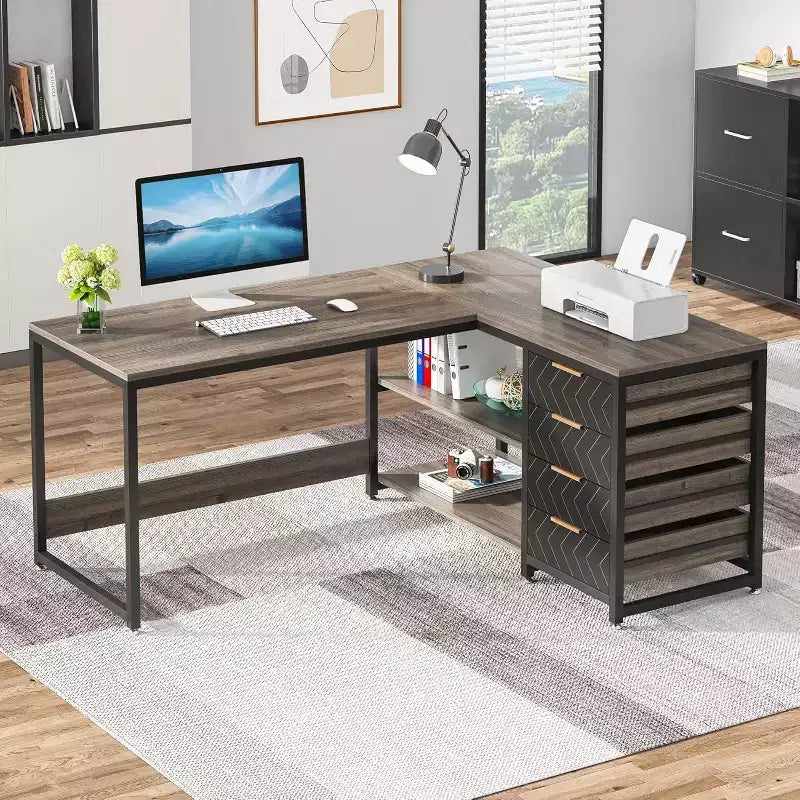 59-Inch L-Shaped Computer Desk with Storage Drawers and Shelves, Reversible Corner Desk for Home Office, Grey