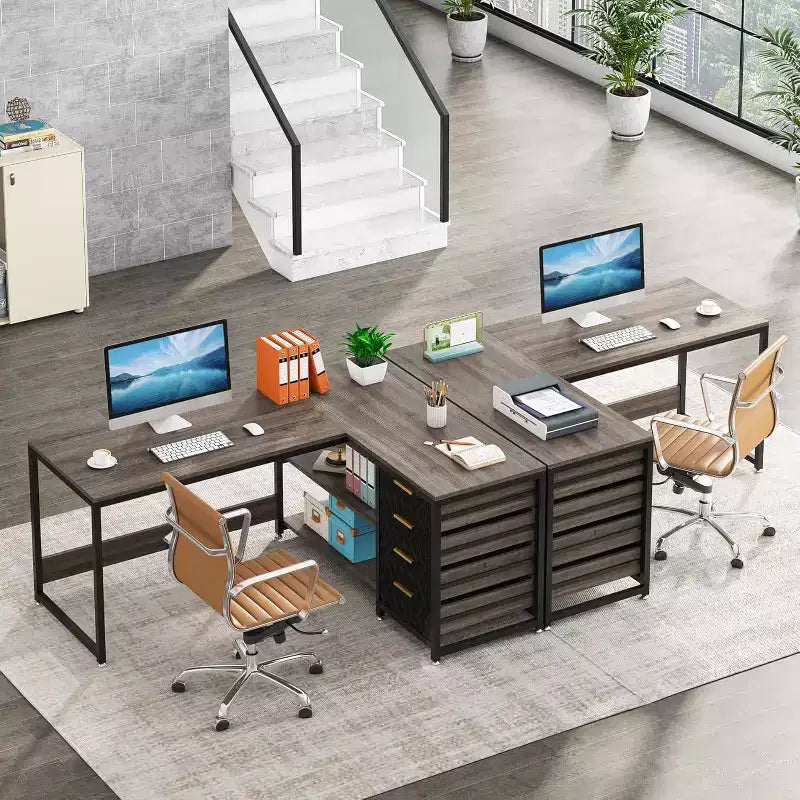 59-Inch L-Shaped Computer Desk with Storage Drawers and Shelves, Reversible Corner Desk for Home Office, Grey