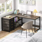 Bureau d'ordinateur en L de 150 cm avec tiroirs de rangement et étagères, bureau d'angle réversible pour bureau à domicile, gris