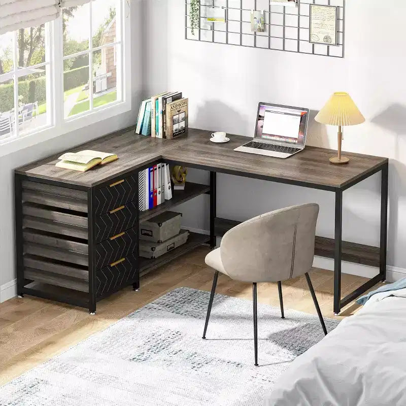 59-Inch L-Shaped Computer Desk with Storage Drawers and Shelves, Reversible Corner Desk for Home Office, Grey