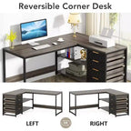 Bureau d'ordinateur en L de 150 cm avec tiroirs de rangement et étagères, bureau d'angle réversible pour bureau à domicile, gris