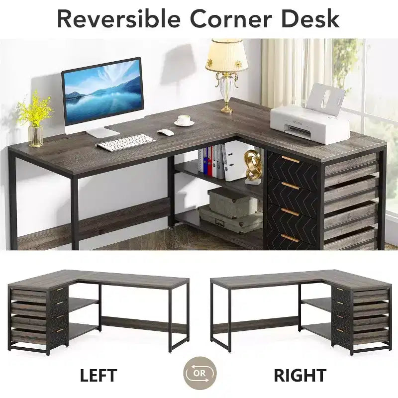 59-Inch L-Shaped Computer Desk with Storage Drawers and Shelves, Reversible Corner Desk for Home Office, Grey