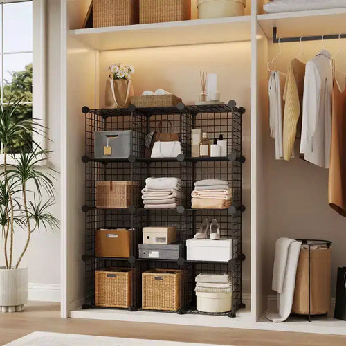 12-Cube Storage Organizer 37 x 13 x 38 Modular Wire Shelving Unit for Closet, Bedroom, Office (1-Pack)