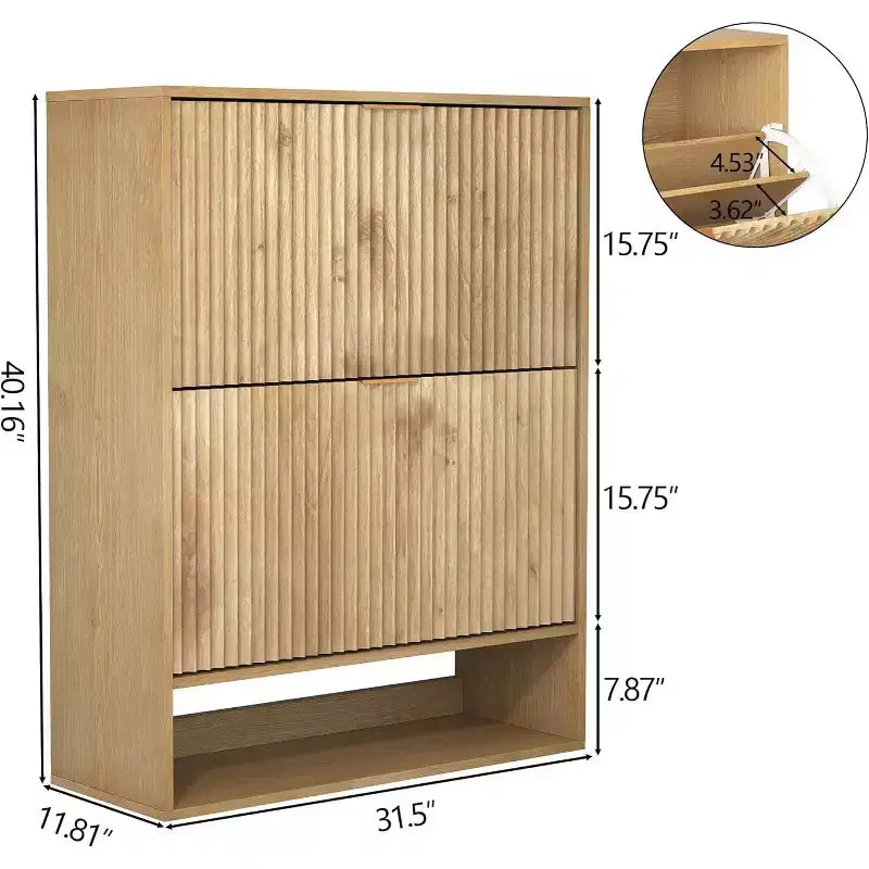 Slim Mid-Century Modern Shoe Cabinet, Flip Drawer Entryway Organizer with Adjustable Dividers and Hooks