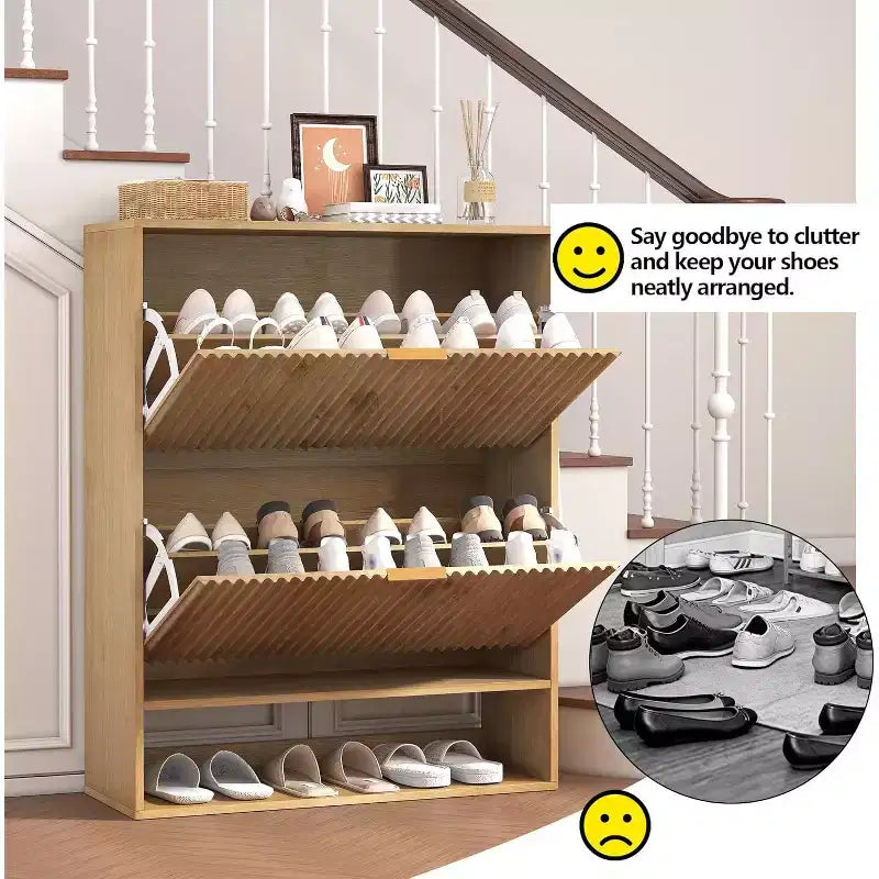 Slim Mid-Century Modern Shoe Cabinet, Flip Drawer Entryway Organizer with Adjustable Dividers and Hooks