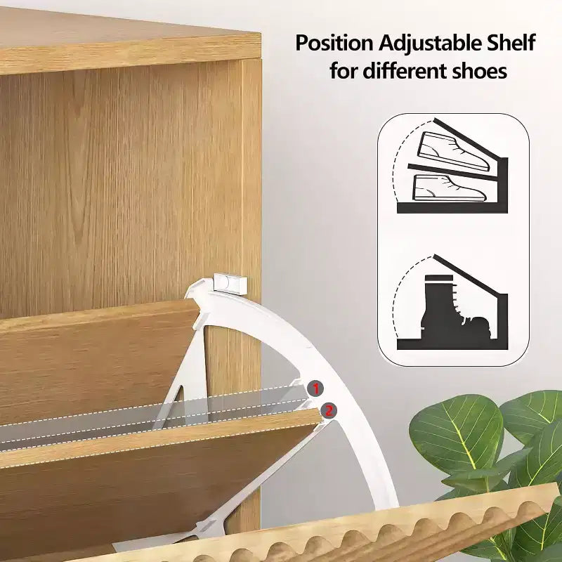 Slim Mid-Century Modern Shoe Cabinet, Flip Drawer Entryway Organizer with Adjustable Dividers and Hooks
