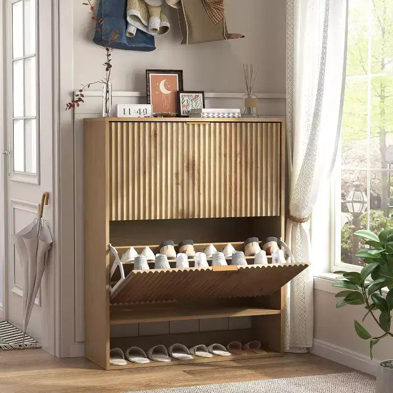 Slim Mid-Century Modern Shoe Cabinet, Flip Drawer Entryway Organizer with Adjustable Dividers and Hooks
