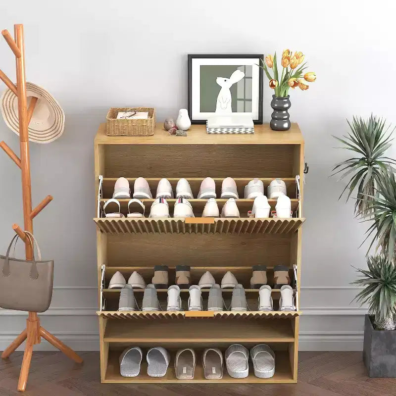 Slim Mid-Century Modern Shoe Cabinet, Flip Drawer Entryway Organizer with Adjustable Dividers and Hooks