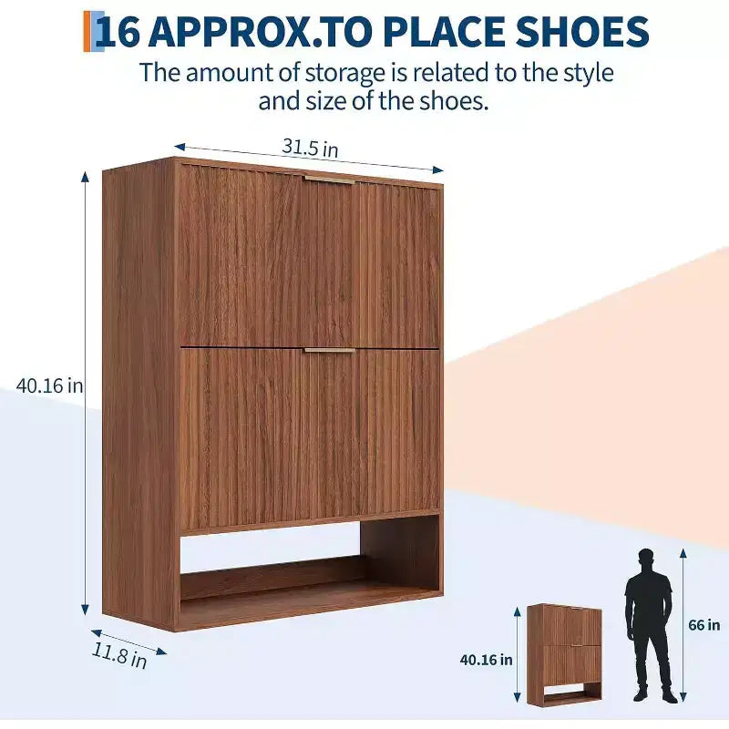 Slim Mid-Century Modern Shoe Cabinet, Flip Drawer Entryway Organizer with Adjustable Dividers and Hooks