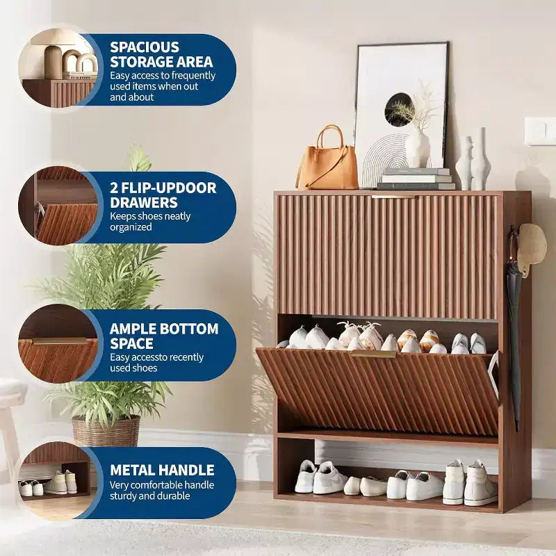 Slim Mid-Century Modern Shoe Cabinet, Flip Drawer Entryway Organizer with Adjustable Dividers and Hooks
