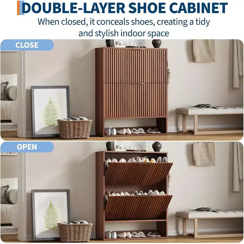 Slim Mid-Century Modern Shoe Cabinet, Flip Drawer Entryway Organizer with Adjustable Dividers and Hooks
